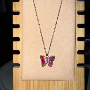 Silver Vibrant Butterfly Necklace with Red and Purple Accents
